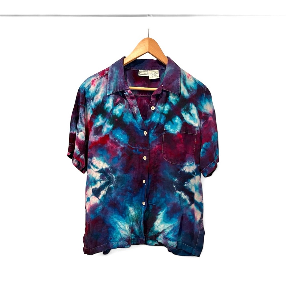 Vintage 100% Linen Tie-Dye Button-Up Short Sleeve Shirt Size Large